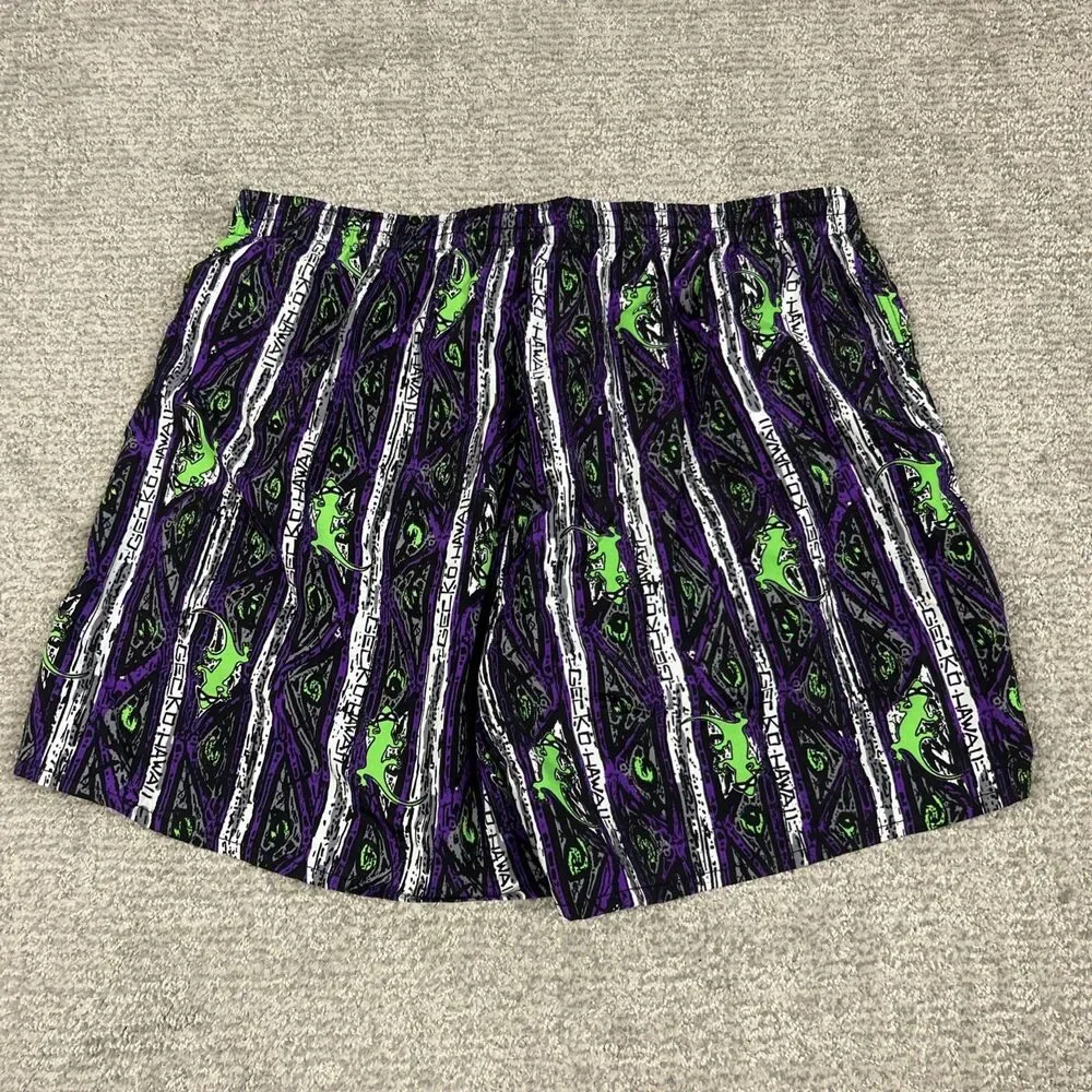 Gecko Hawaii Swim Trunks Mens XL Mesh Lined Shorts Black Purple Green Pockets